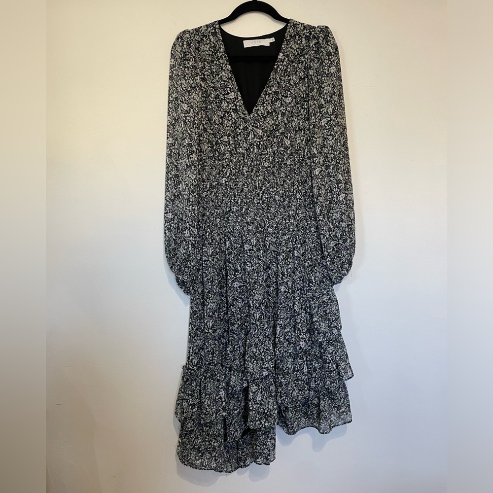 ASTR The Label Long Sleeve Asymmetrical Tiered Ruffle Floral Midi Dress, MEDIUM - Picture 4 of 13